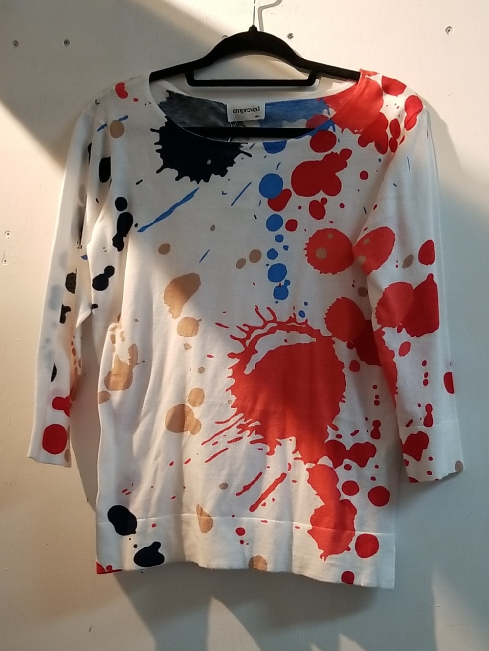 White Sweater with Red and Multi-Color Paint-Splash Design